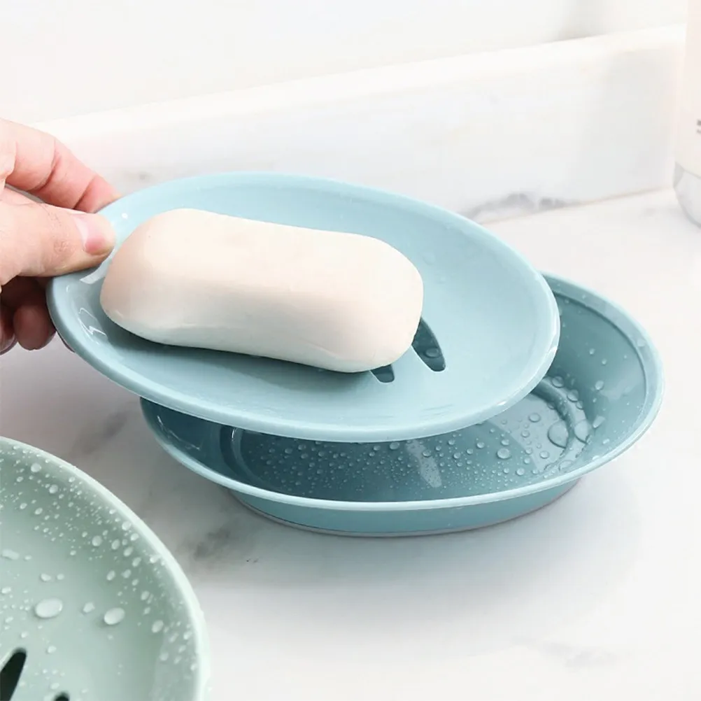 Soap Dish Plastic Oval Shaped Double Drain Holder Soap Dish Drainer Compact Bathroom Travel Gym Eco Friendly Small Size Blue
