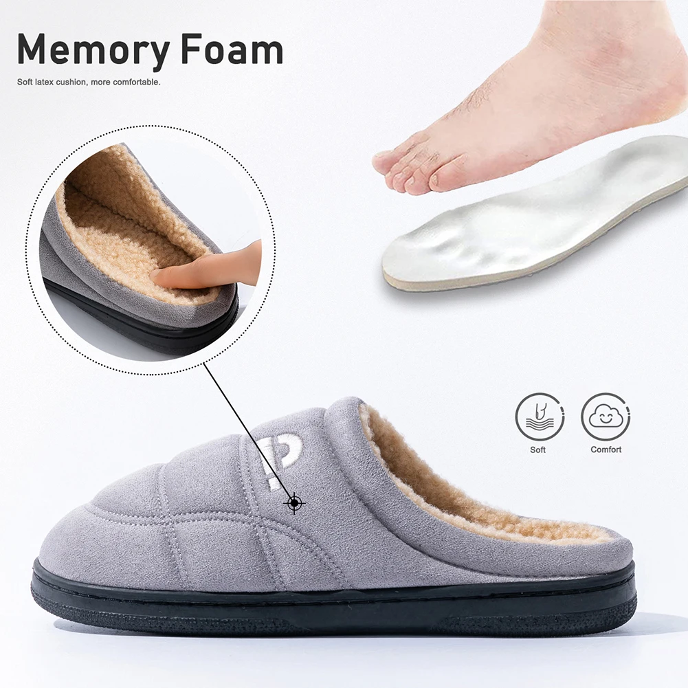 Men's Winter Solid Suede Slippers TPR Sole Memory Foam Cotton Warm Non Slip Comfort Room Home Shoes Large 50/51