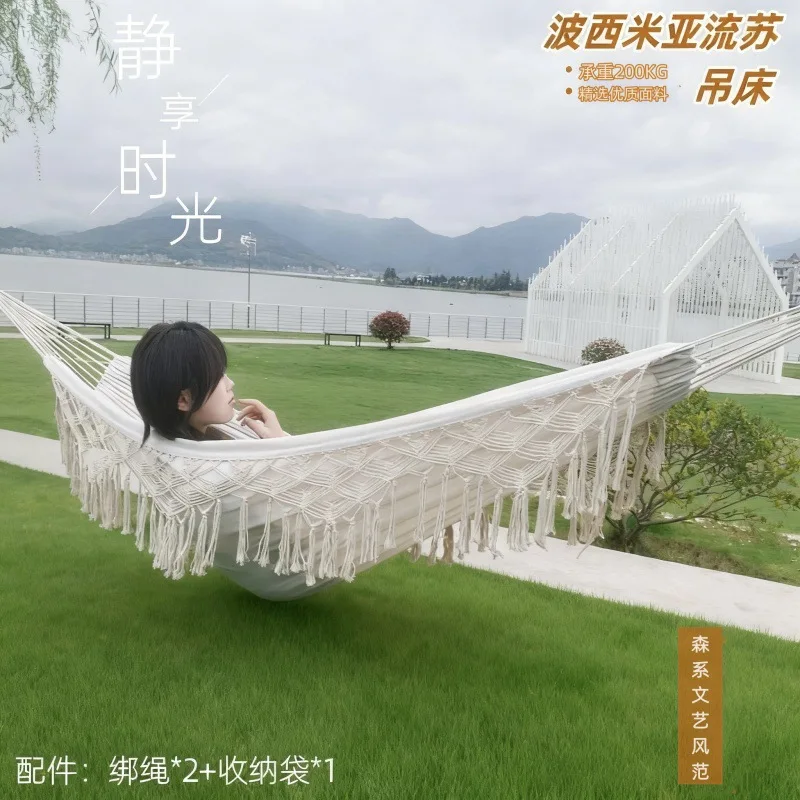 Double Tassel Canvas Hammock 340G Thickened Anti Rollover Swing Bed Bohemian Style Portable Hammock For Outdoor Camping Garden