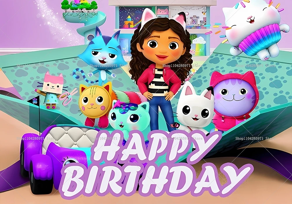Cartoon Gabby Dollhouse Themen-Hintergrund Mädchen Geburtstagsparty Deko Baby-Shower-Zubehör Rosa Katze Foto-Banner Fotografie-Requisiten