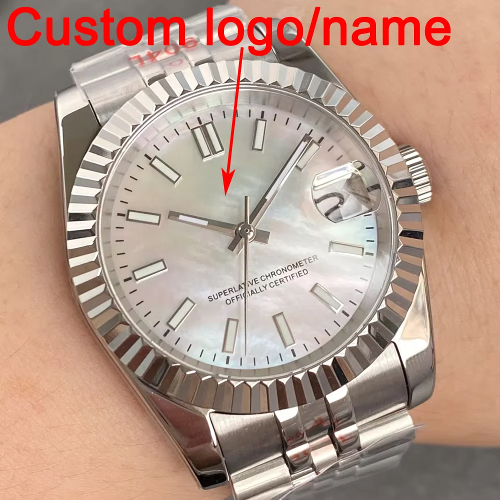 

Customized Luxury 36mm/39mm NH35 Men Mechanical Watch White/Black Shell Dial Date Cyclops Sapphire Crystal Steel Bracelet