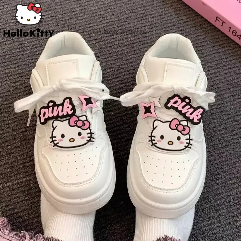 New Star Hello Kitty Lace-up White Sneakers Shoes for Women Student Versatile Casual Thickened Bottom Lightweight Board Shoes