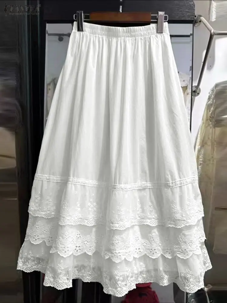 ZANZEA تنانير طويلة من الدانتيل للنساء بخصر مطاطي أنيق للحفلات قيعان ماكسي غير رسمية فضفاضة كبيرة الحجم مكشكشة للعطلات Jupes Faldas Saia