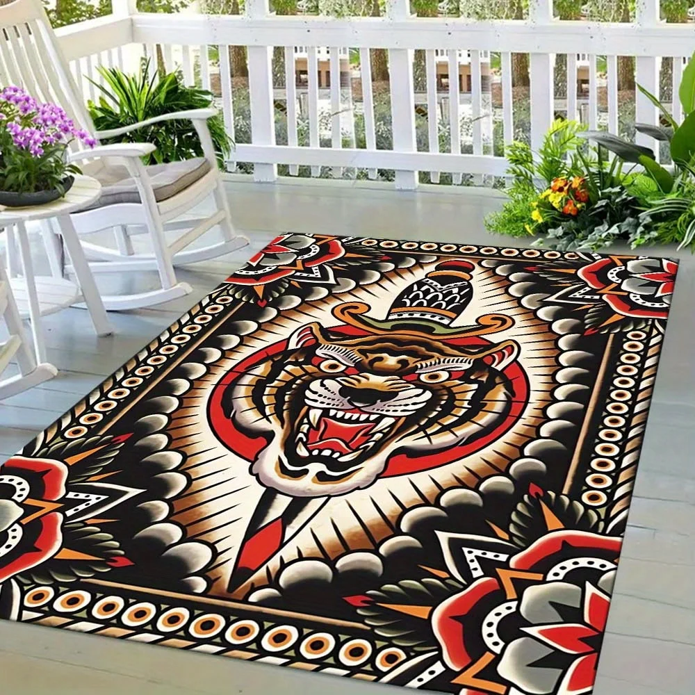 Tiger Tattoo Design Rug: Non-Waterproof Non-Slip Area Rug for Living Room, Bedroom, Patio, Entryway, Camping Decor