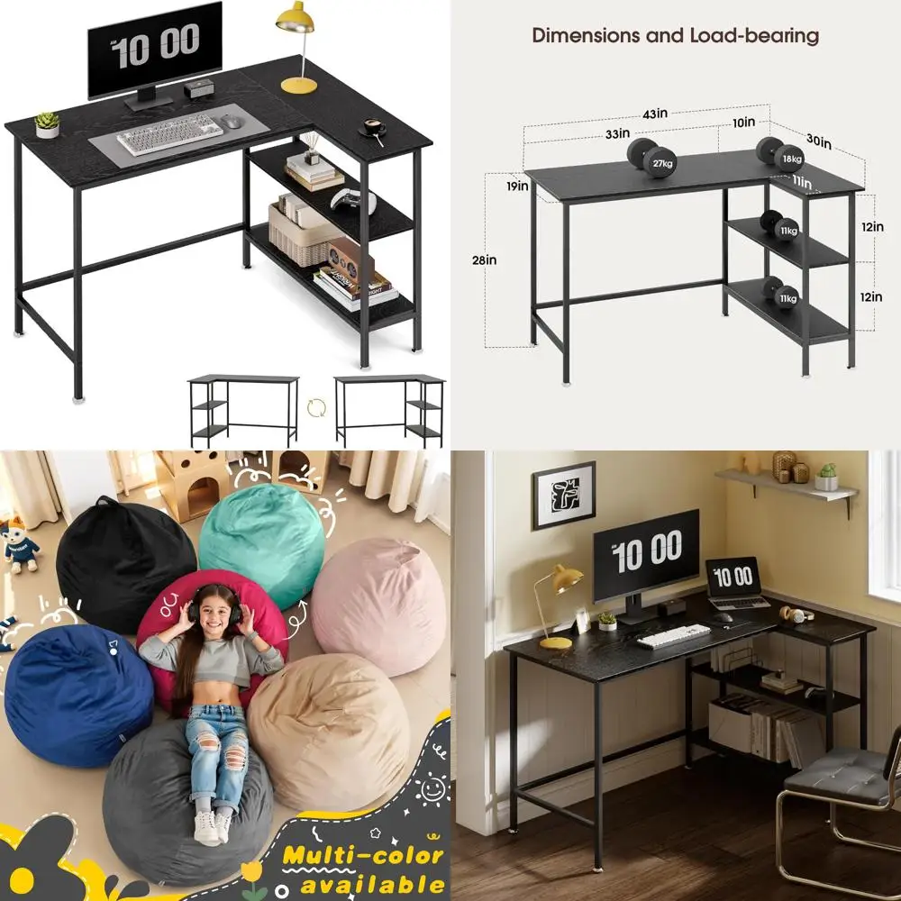 

Modern Corner L-Shaped Office Desk with Reversible Storage Shelves, Ideal for Gaming and Computer Work, Sleek Design