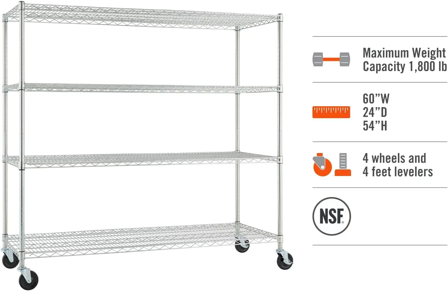 TRINITY Basics scaffalature metalliche regolabili a 4 livelli con ruote per l'organizzazione della cucina, il Garage, la lavanderia, NSF