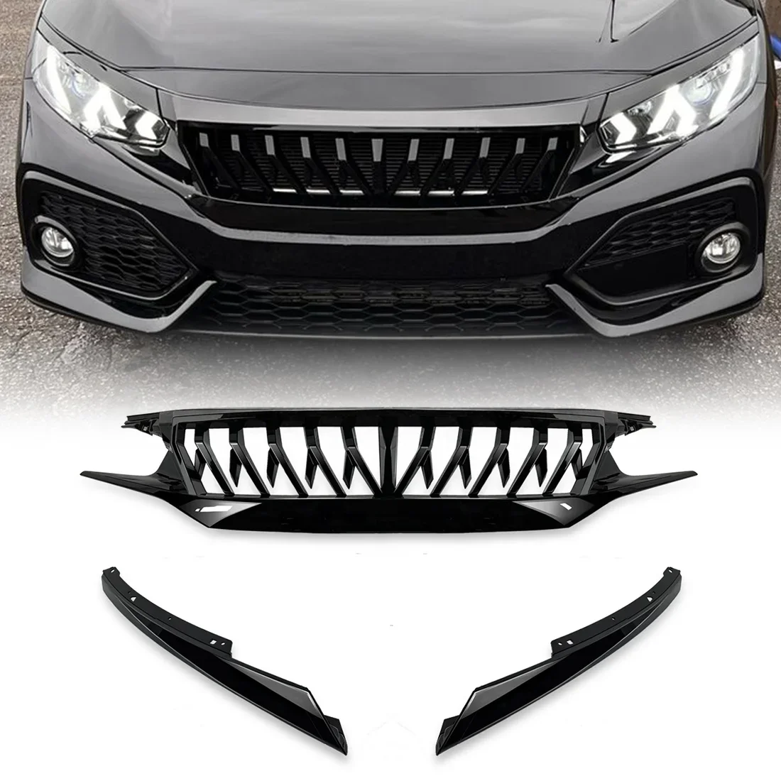 

Car Grills For 2016-2018 Honda Civic 10TH Gen Front Upper Grill Shark Style Grille Glossy Black ABS