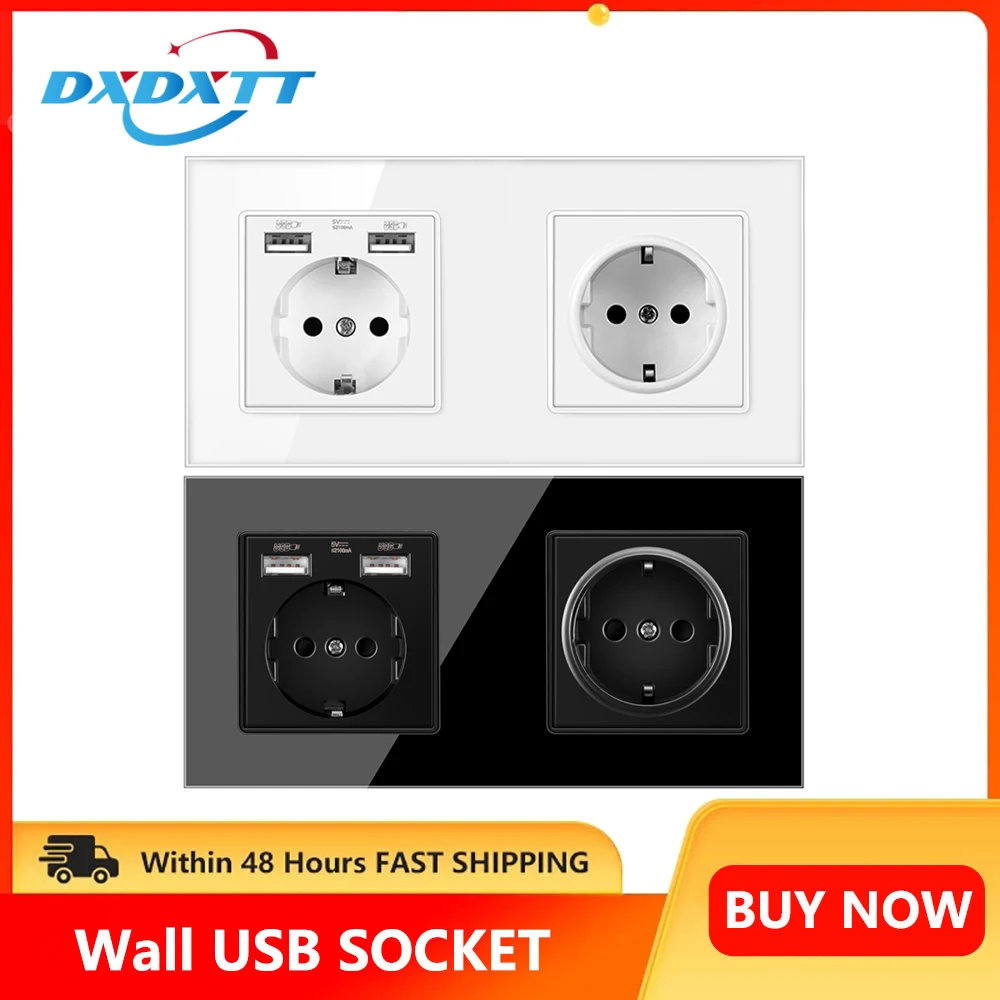 172 * 86mm USB Socket EU Standard Tempered Crystal Glass Sockets with 2 USB Wall Power Electrical Triple Outlet AC 110-250 2024