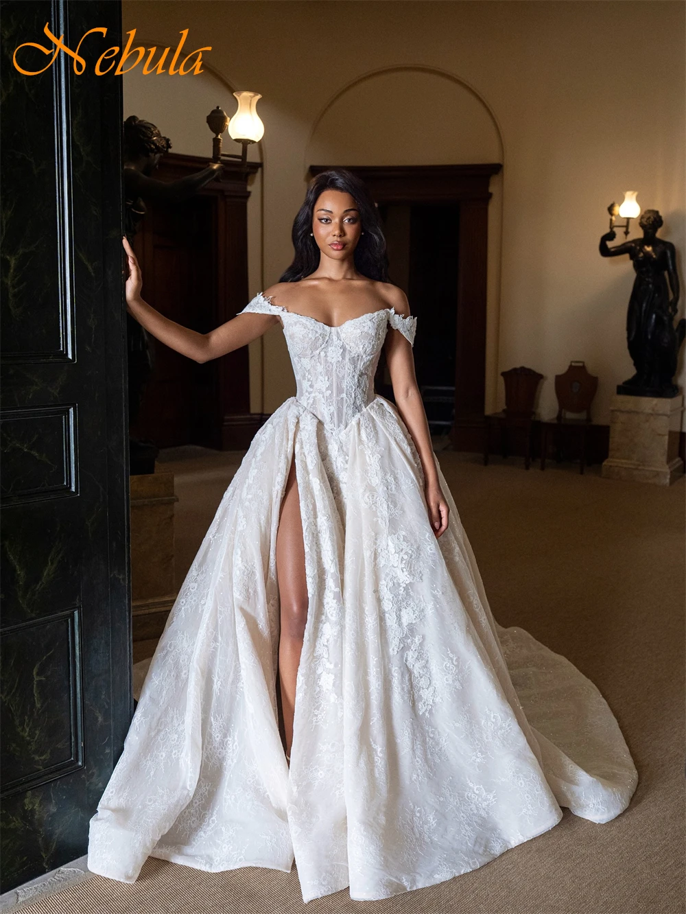 تخصيص بوهو الأبيض الأورجانزا فستان الزفاف مثير الحبيب قبالة الكتف فستان زفاف بوهو ألف خط ذيل شابيل رداء دي mariée #5