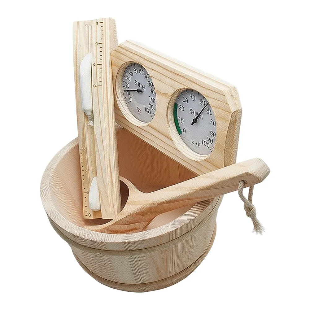 Round-Form Sauna Bucket Built from Homogeneous Wood Material with Integrated Single Handle for Structural Integrity
