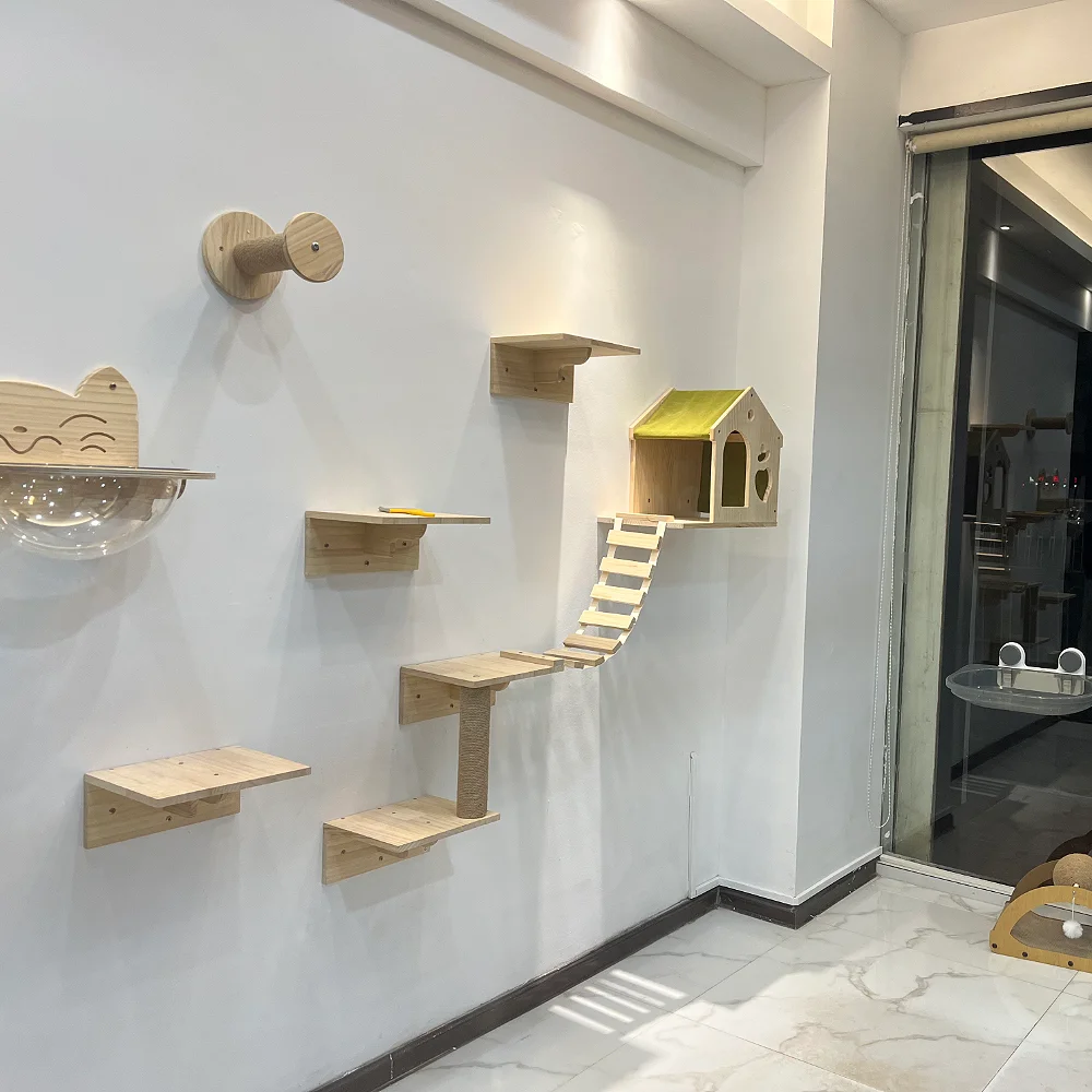 

Wall Mounted Cat Climbing Shelf Cat Trees with Cat Scratching Post Cats Perches Bridge and Hammock Indoor Kitten Sleep and Play