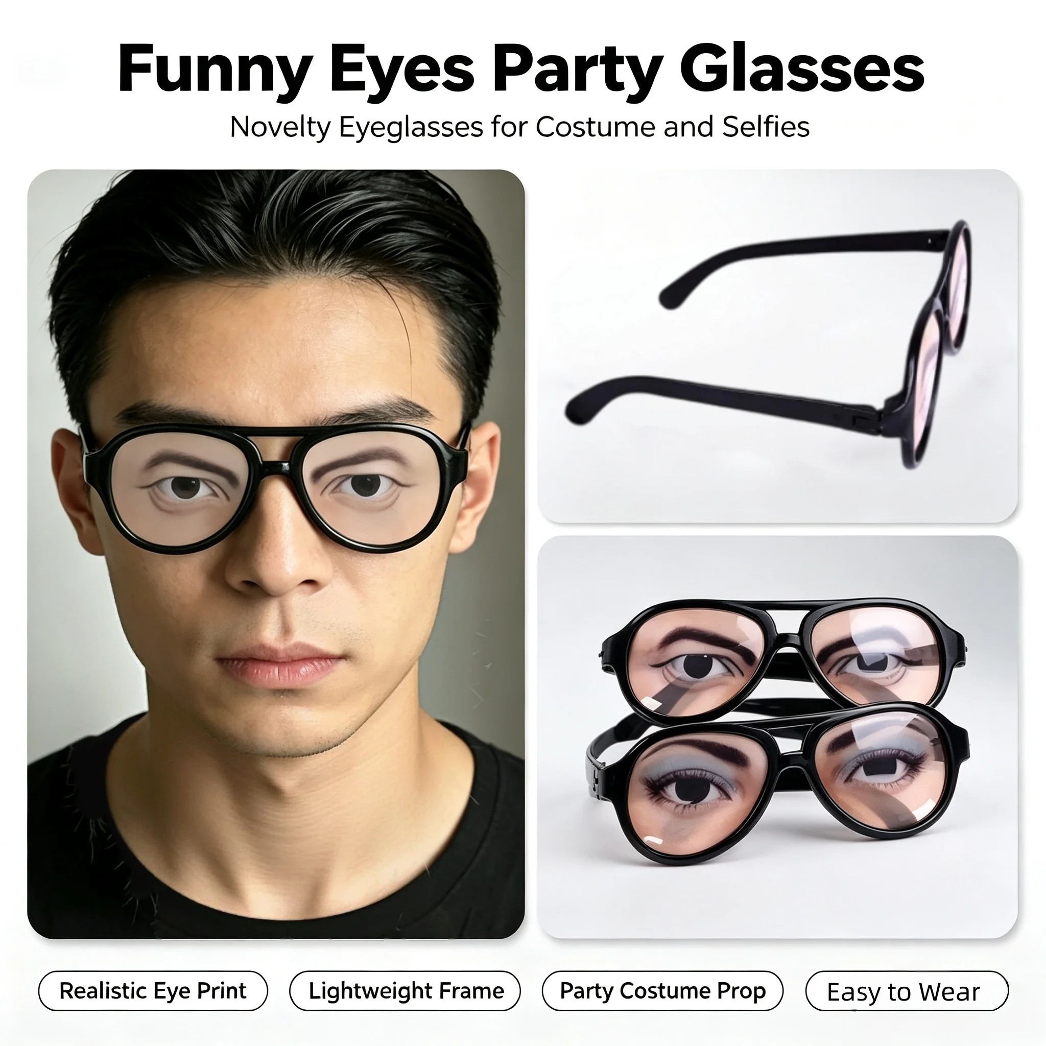 Funny Fake Sleep Wide Frame Glasses, Novelty Prank Flat Lens Eyeglasses Office Nap Gag Toy Holiday Party Face Slimming Gift