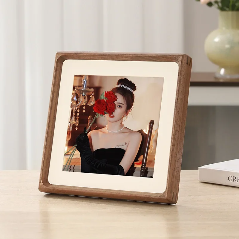 Solid Wood Photo Frame - Black Walnut Square V-Corner Tabletop Display Frame for Living Room Decor