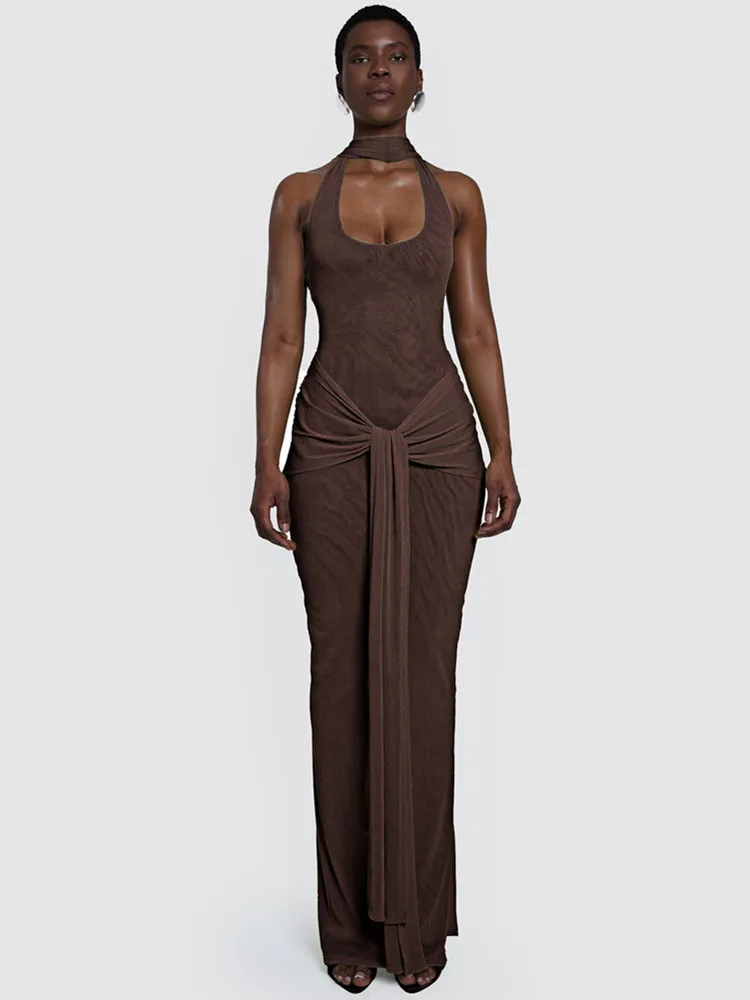 

2025 Women Women Celebrity Sexy Halter Ruched Glitter Brown Maxi Long Gowns Dress Elegant Evening Party Club Vestido