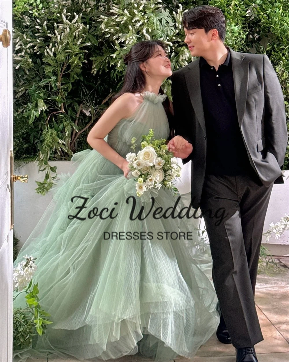 Eleganckie koreańskie suknie wieczorowe Zoci z wysokim dekoltem typu halter, tiulowe, zielone suknie ślubne, szyte na miarę, bez rękawów, koreańskie suknie do sesji zdjęciowych 웨딩드레스