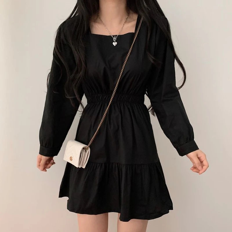 2023년 봄 여성 한국 스타일 스윗 젊은 루즈핏 인형 드레스 스퀘어 넥 A라인 스커트 긴팔 숏 기장 솔리드 컬러