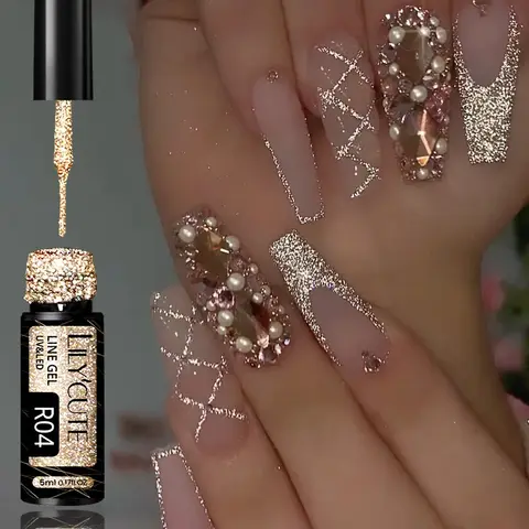 LILYCUTE 5ML 브라이트 스파클링 샴페인 골드 라이너 젤 매니큐어 프렌치 스타일 반사 글리터 풀 라인 그래피티 스트라이프 젤