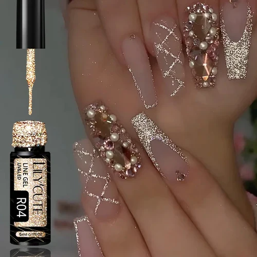 Imagen 1 del producto LILYCUTE 5ML brillante champán dorado delineador de uñas en Gel estilo francés brillo reflectante línea de tracción Graffiti raya Gel