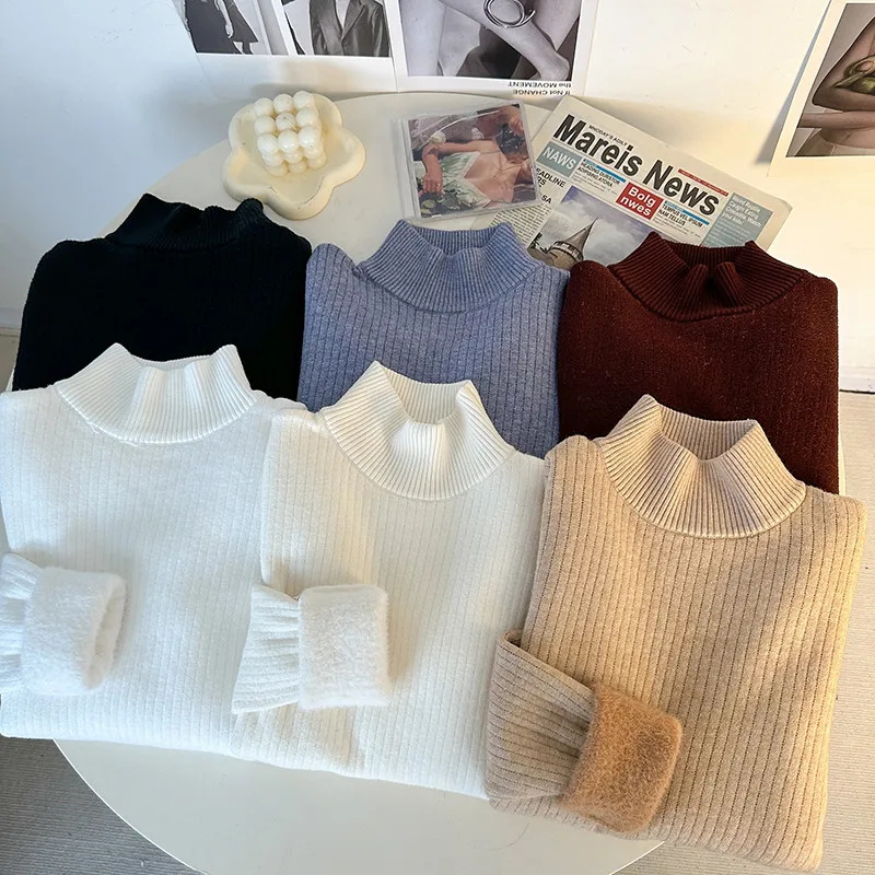 2025 Otoño Invierno mujer suéter elegante tejido Tops cálido manga larga cuello alto Casual Jersey grueso sólido Jumper
