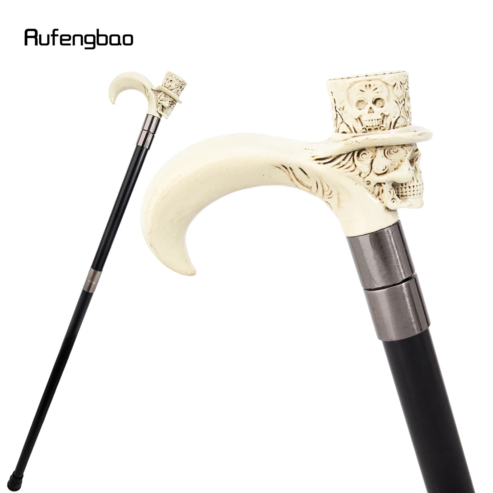 White Hat Skull Head Long Handle Walking Cane Fashion Cane Decorative Cane Halloween for Cosplay Parties Walking Stick 93cm