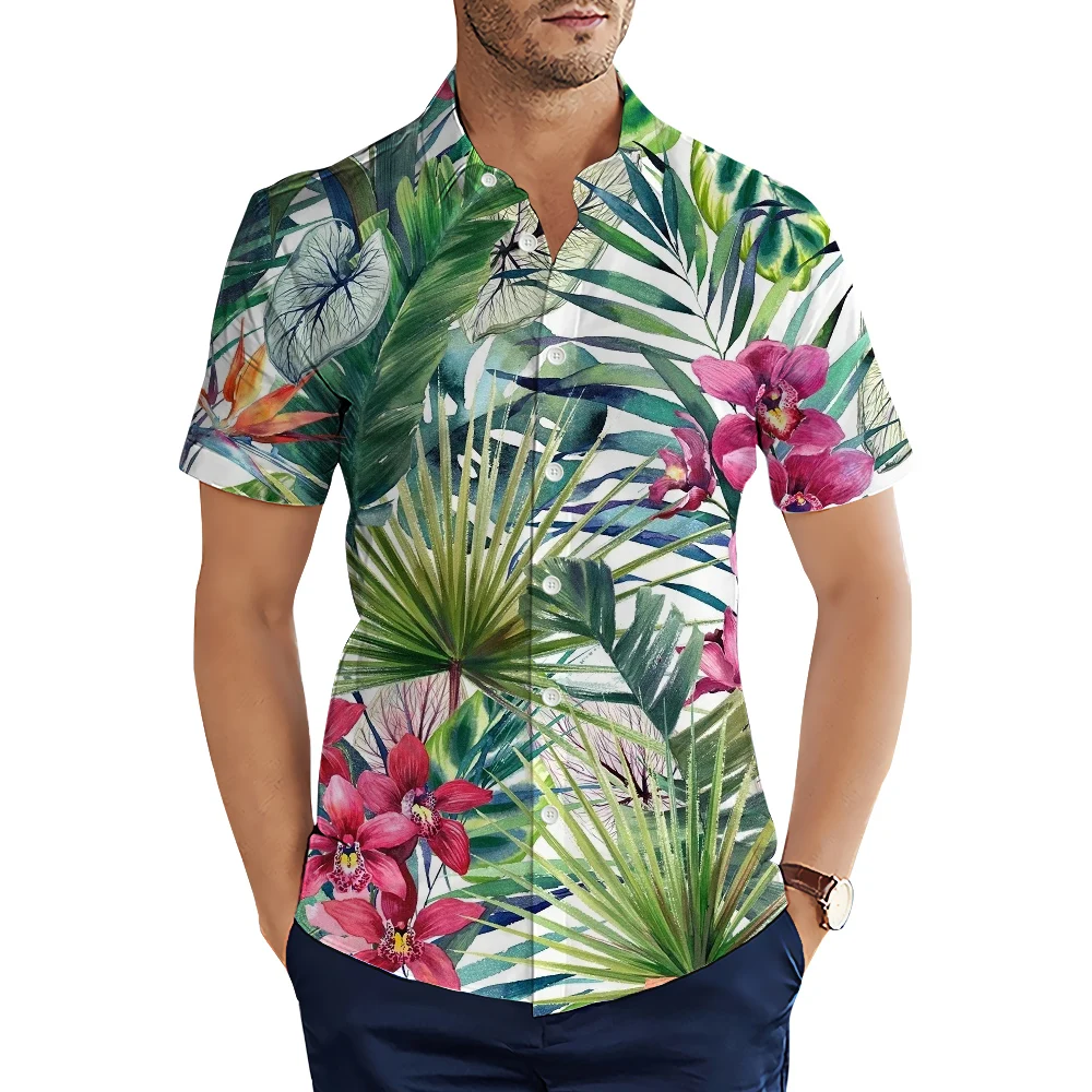 

HX Hawaiian Beach Shirts Polynesia Plant Leaves Orchid Printed Short Sleeve Shirt 3D Graphic Tops Ropa Hombre Men Clothing