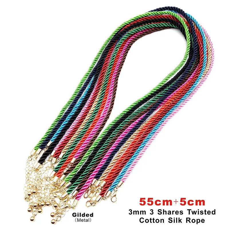 3 Pcs/lot Gold Color 3mm 3 Shares Twisted Cotton Silk Cord Necklace Adjustable Rope Chain Lobster Clasp DIY Jewelry Making