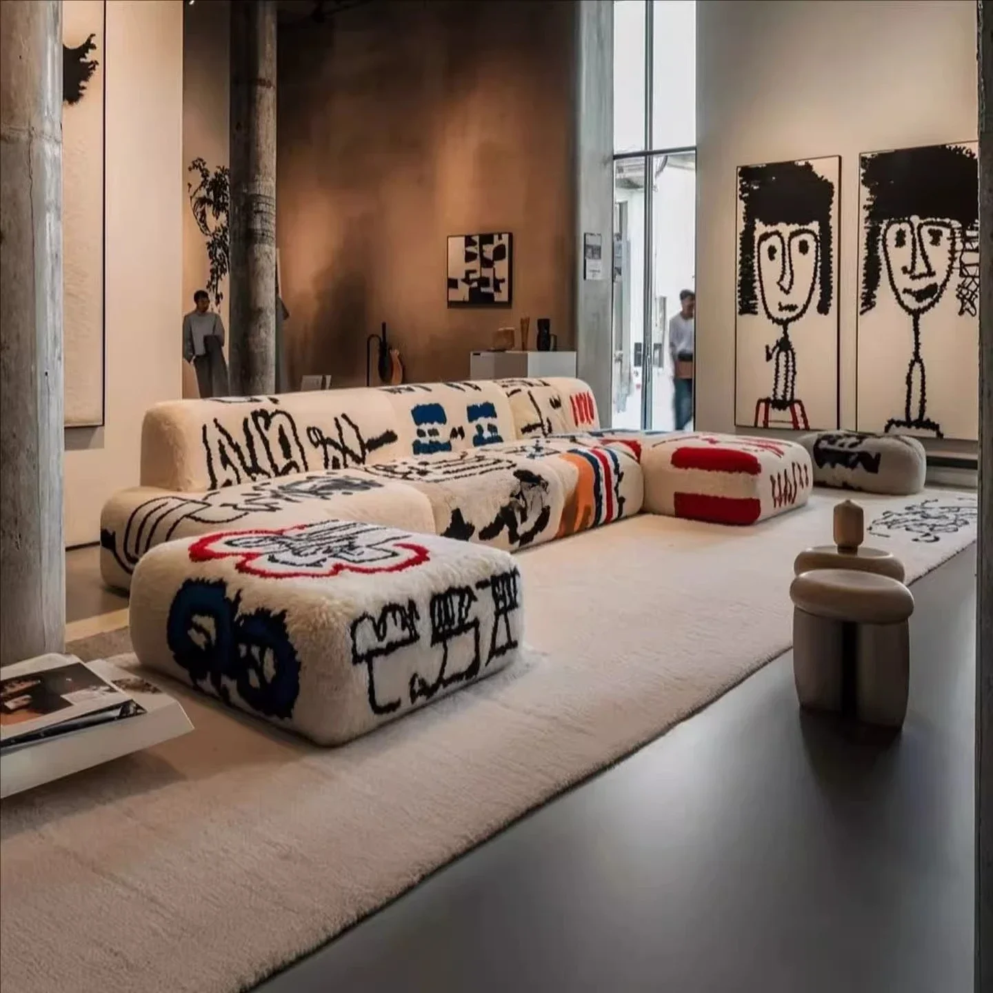 Sofa living room Modern extremely pure handmade parquet fabric light luxury graffiti sofa