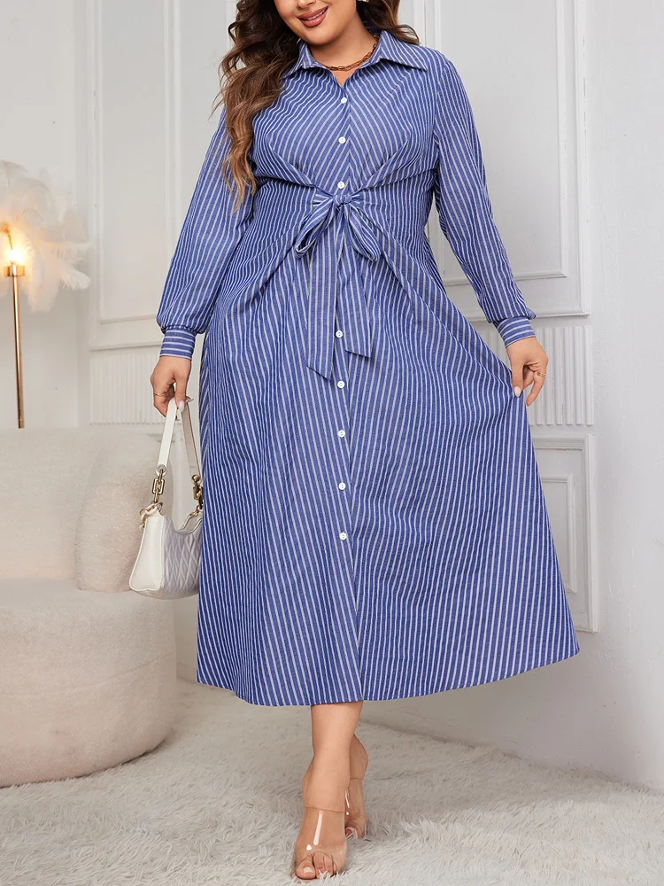 GIBSIE Plus Size Striped Lace-Up Shirt Dress Women Spring Autumn Fashion Button Casual Long Sleeve Lapel Collar A-Line Dresses