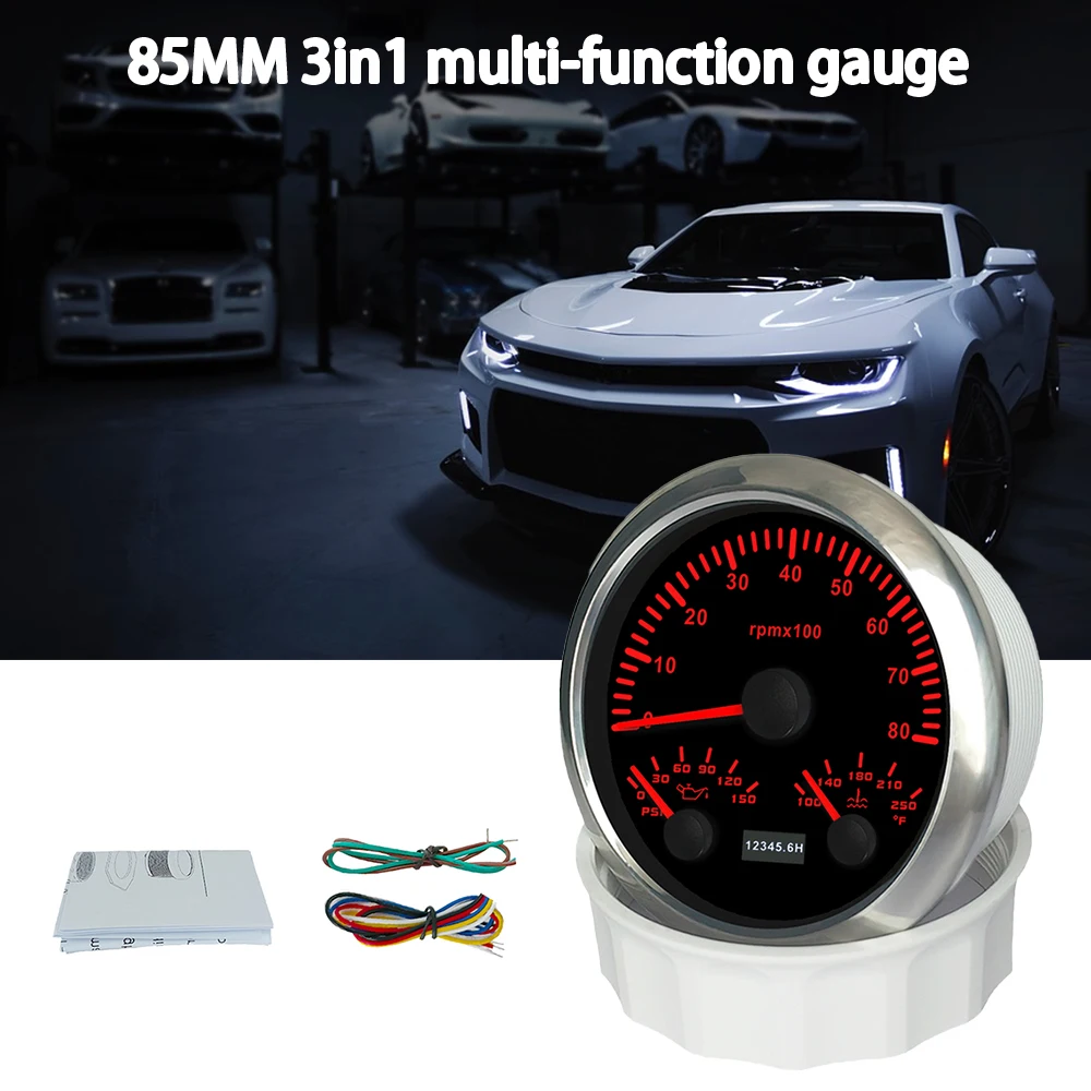 Motorcycle Boat 85mm 3 in 1 Multifunctional 3000RPM 4000RPM 0-6000RPM Tachometer with Oil Pressure Water Temp 7 Colors Backlight