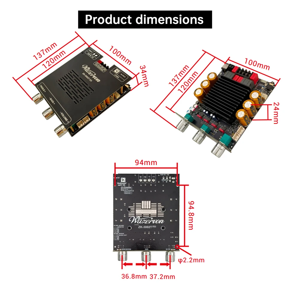 DC 18-50V 3002T PRO BT Digital Amplifier Board Qualcomm QCC3034 2.0 Channel APTX Lossless 300W+300W