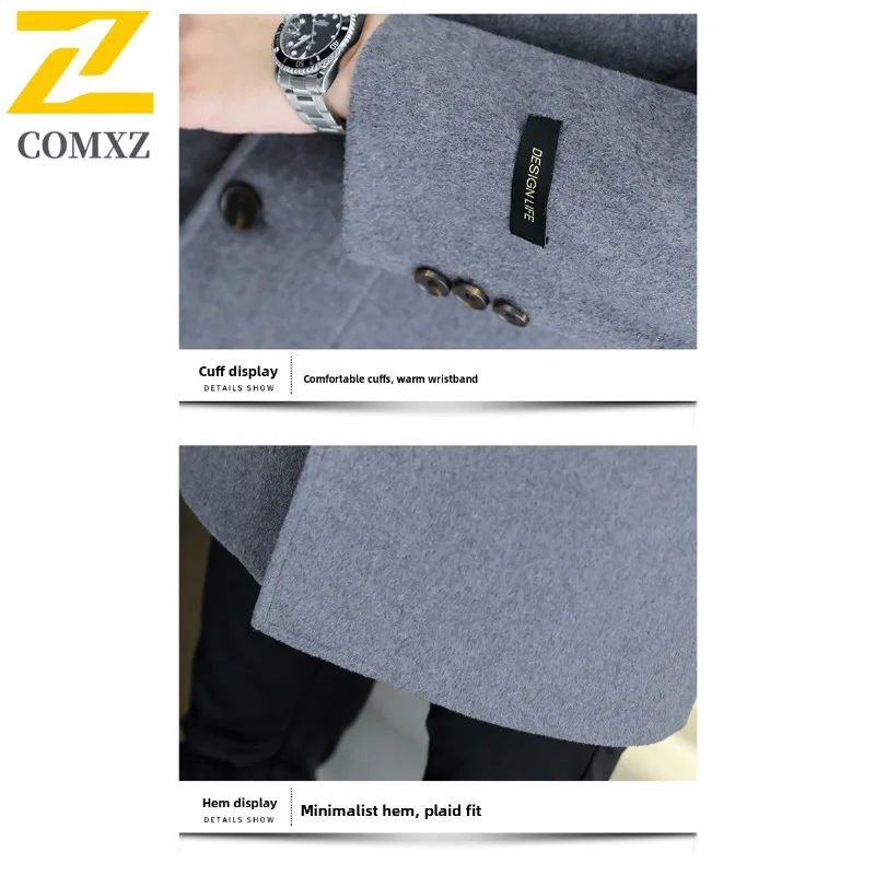 COMXZ Mens Business Wool Trench Coat Autumn Winter Cotton Warm Long Cashmere Wool waterproof windproof lightweight windbreaker