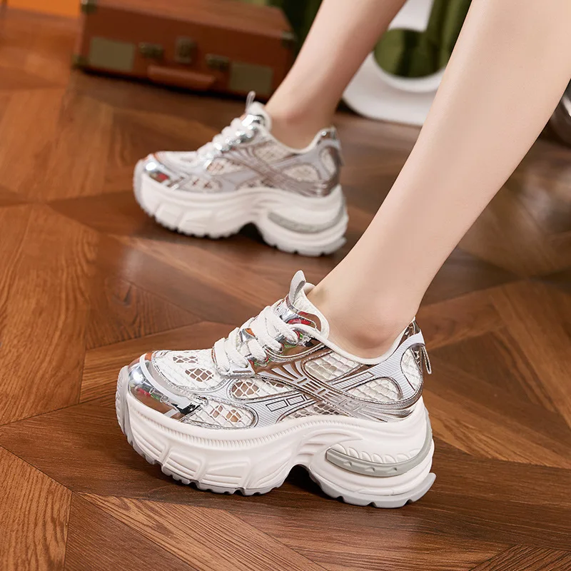 9CM Thick-soled Height-enhancing Shoes Women Autumn New Inner Height-enhancing and Slimming Mesh Breath Sports and Casual Shoes