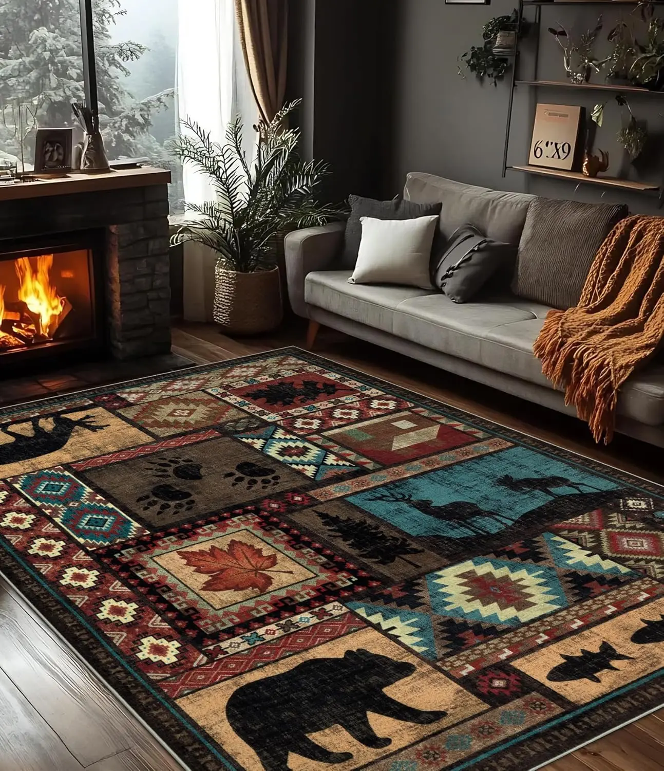 

5x7 Rustic Cabin Area Rug, Machine Washable Non-Slip Low Pile Southwestern Print for Living Room Bedroom