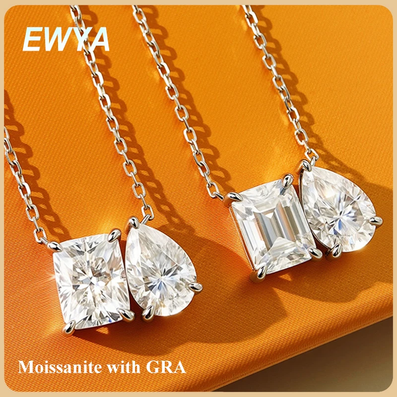 

EWYA Toi et Moi Emerald Pear Cut Moissanite Pendant Necklace Women S925 Silver 2-Stone Diamond Dainty Neck Chain Earrings Set