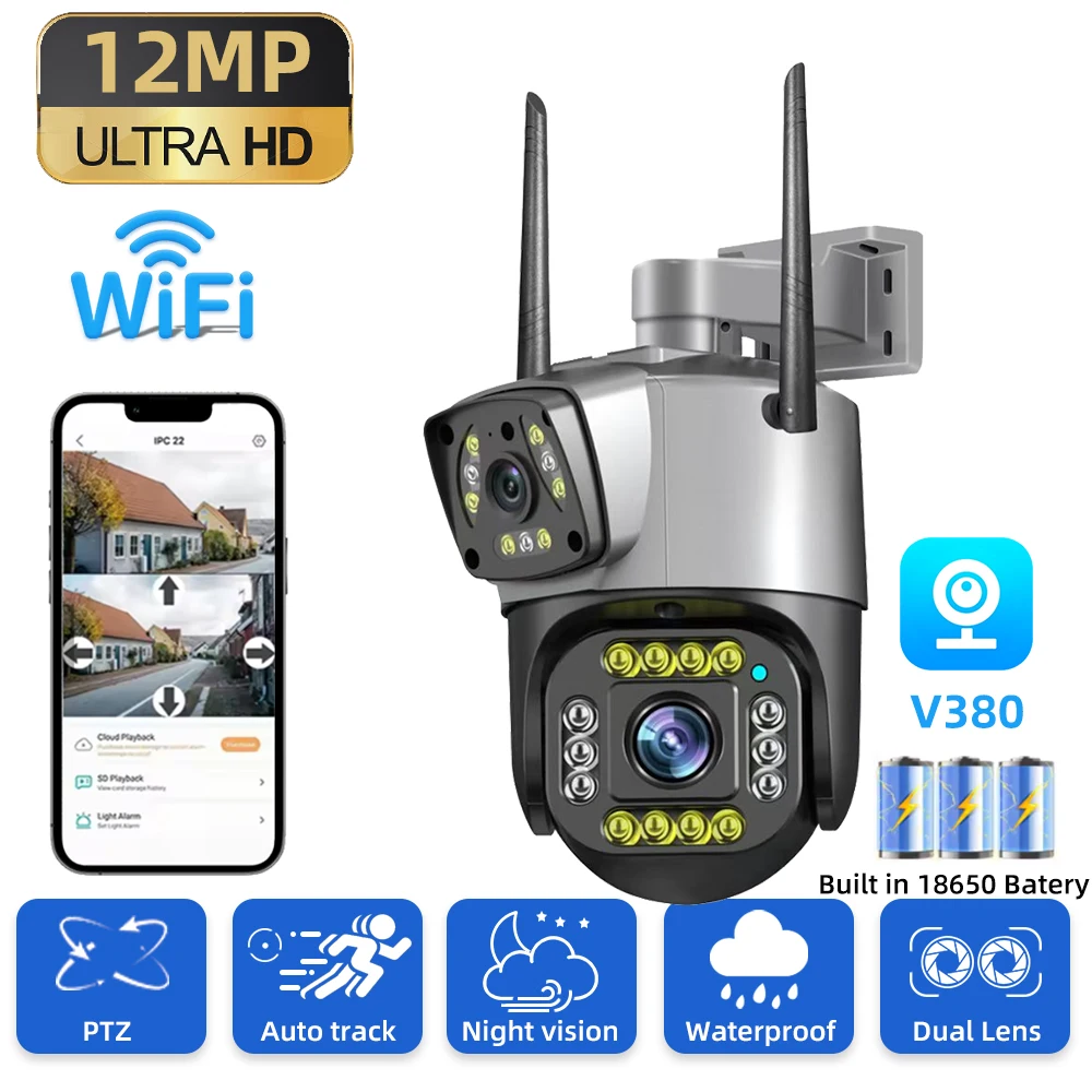 

12MP 6K WiFi IP Camera Outdoor 4G Wireless Surveillance Camera Dual Lens PTZ Camera Security CCTV V380 Pro