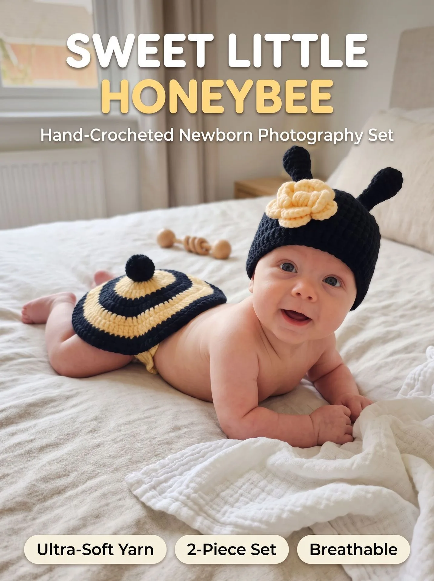 Sweet Little Honeybee Hand-Crocheted Newborn Photography Set 2-Piece Baby Bee Hat & Diaper Cover Ultra-Soft Breathable Yarn Infa