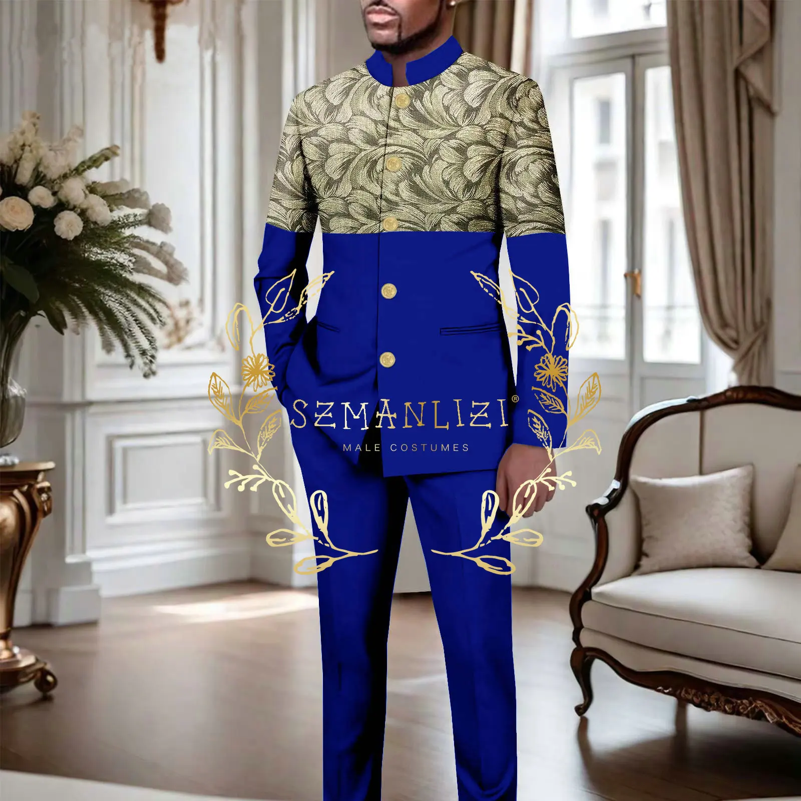 

Royal Blue Men's Suit 2 Piece Wedding Groom Tuxedo Single Breasted 5 Gold Buttons Jacket Pants Formal Costume Homme Man Outfit