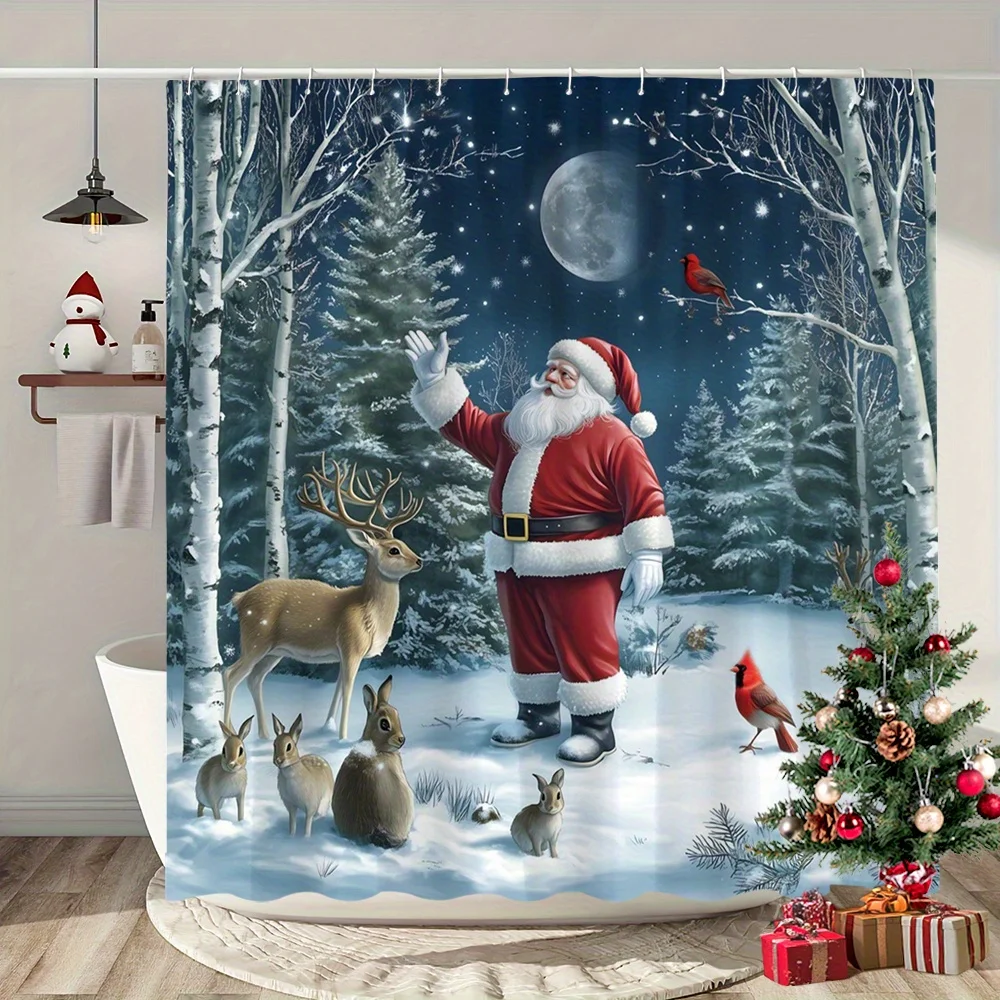 1pc Christmas Shower Curtain, Santa Deer Rabbit Cardinal Winter Landscape, With 12 Hooks, Bathroom Decor