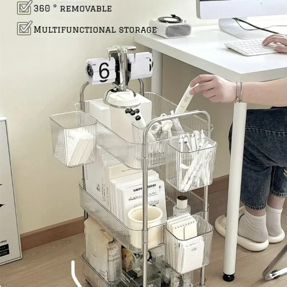 Acrylic Storage Trolley Transparent Storage Rack 2/3 Layers Rolling Cart With Removable Hanging Basket Acrylic Makeup Bookshelf