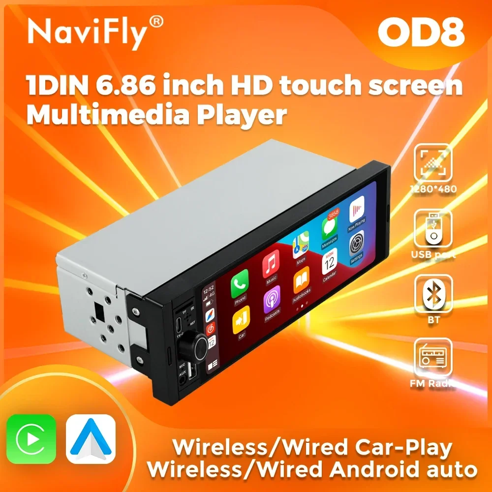 

NaviFly 6.86" Wireless CarPlay Android Auto Universal 1 Din Car Radio Multimedia Video MP5 Player FM Stereo Receiver Camera BT