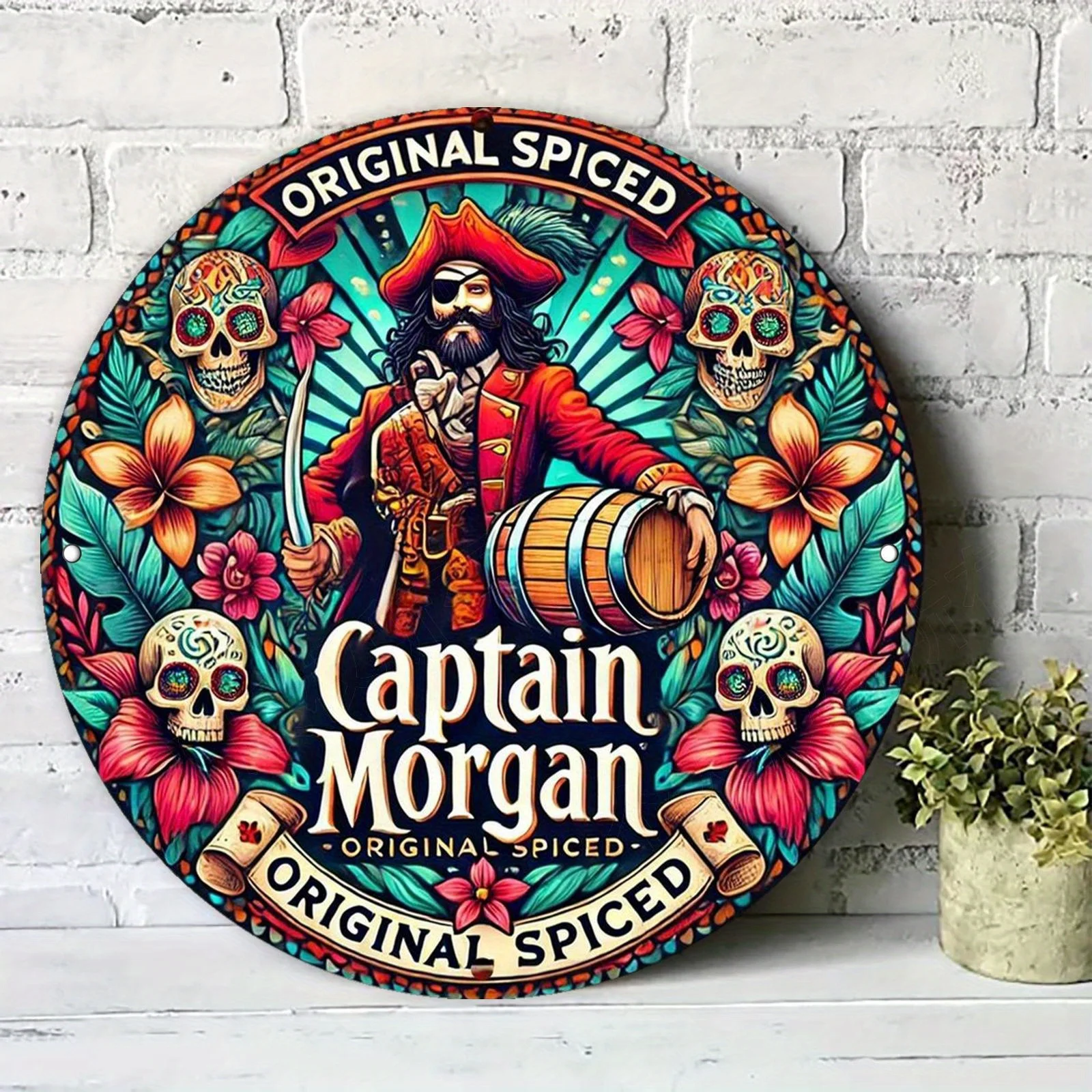 Letrero Metálico Redondo Plano 2D de Capitán Morgan Original Spiced - Decoración de Pared con Temática de Ron Tropical, Diseño Vintage de Calavera de Azúcar y Flores