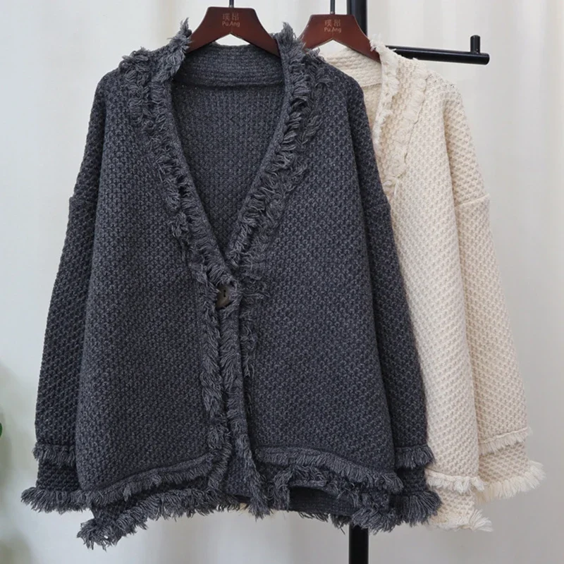 

Loose Large Size Knitted Pure Color Spring Autumn V-neck Sleeveless Thickened Tassel Edge Sweater Coat Fashionable Outerwear