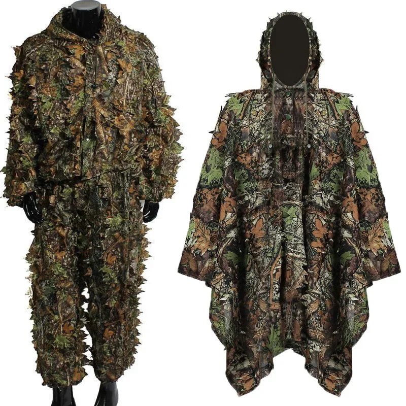 3D kamuflaż myśliwski Ghillie z czapką garnitur ubrania peleryna dżungla Poncho Camo bioniczny liść do sprzętu do akcesoria fotograficzne