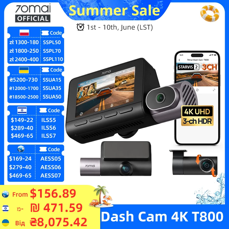 70mai Dash Cam 4K T800 3-Channel HDR Supercapacitor Front Rear