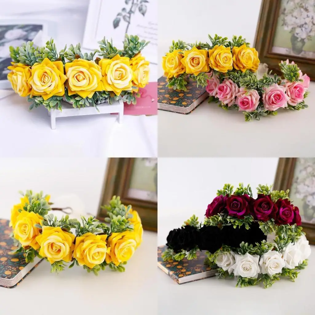 

31BF Handmade Rose Flower Crown with Ribbon Crown Floral Garland Holiday Photo Props