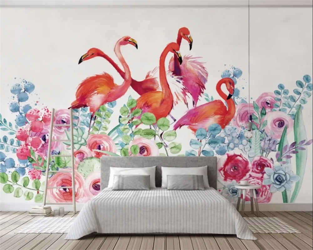 Customized wallpaper 3D hand drawn watercolor flowers flamingos living room bedroom TV background wall decoration painting