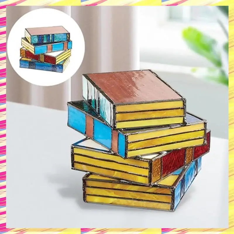 

3Piece Stained Glass Stacked Books Lamp Vintage Handcrafted Glass Nightstand Desk Book Lamps Multicolor