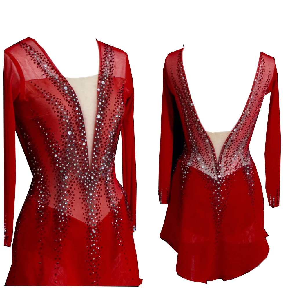 LIUHUO Ice Figure Skating Dress Women Girl Competition Red Diamond Teens Skating Dress Female Dancewear Skating Dress