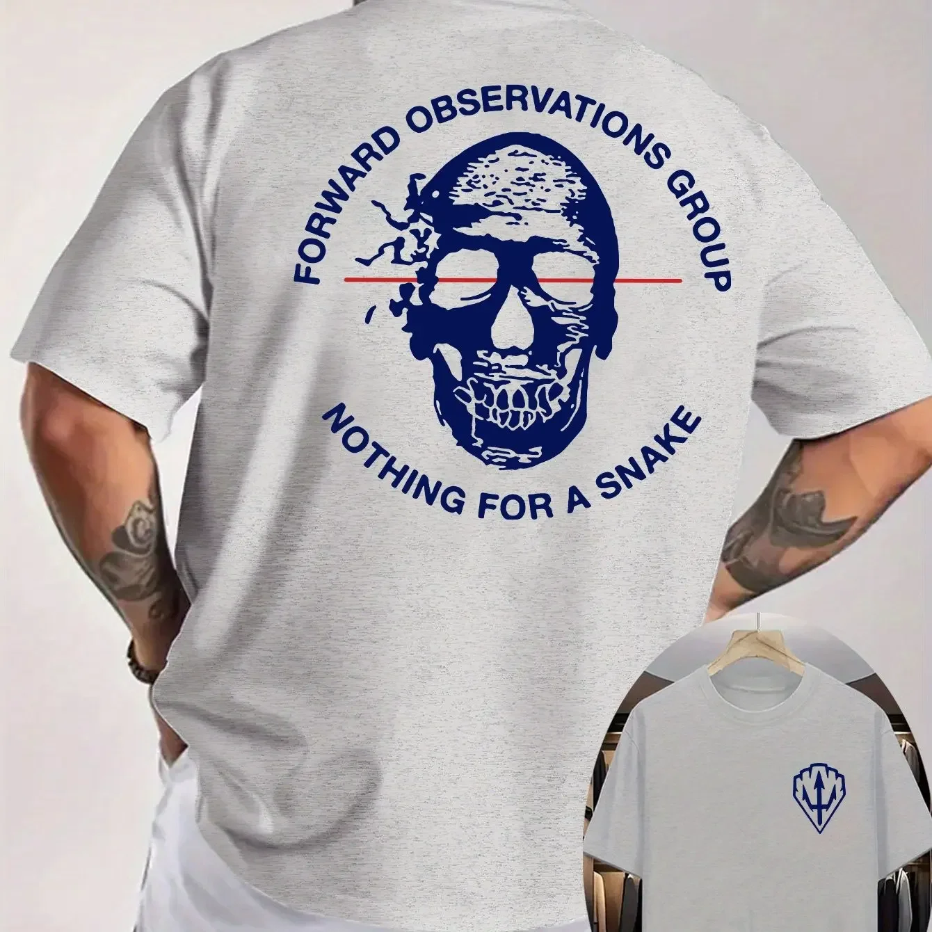 Camiseta extragrande gris de doble cara para hombre, camiseta informal militar de verano con estampado de logotipo de tridente y calavera táctica FOG, 100% algodón