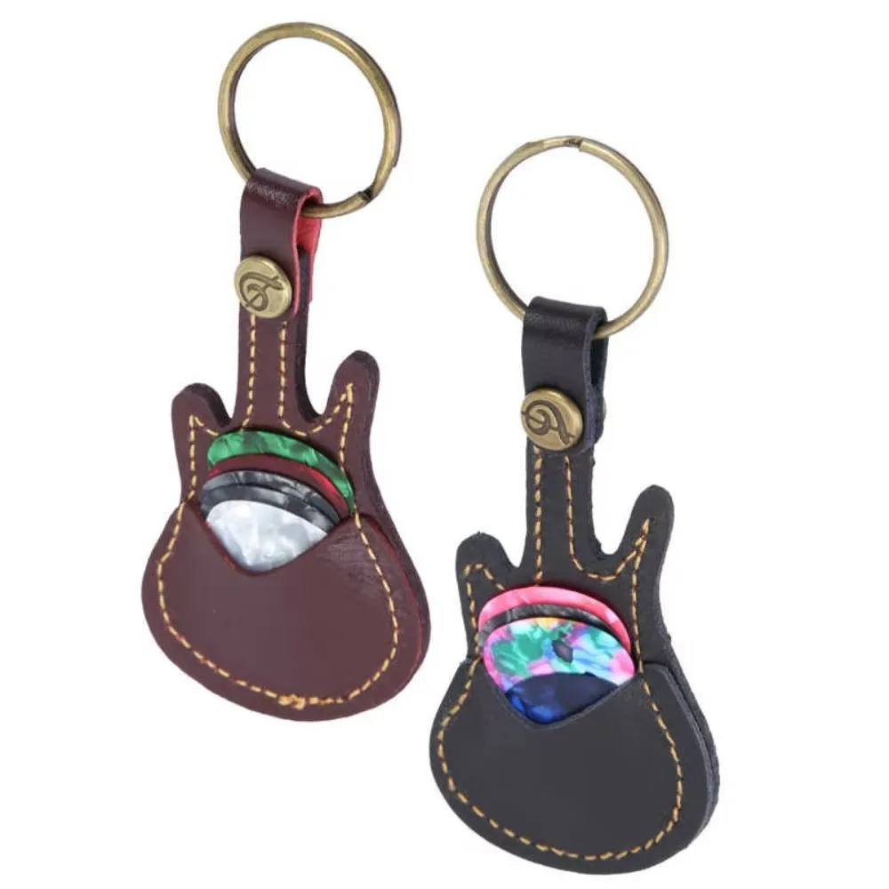 Leather Guitar Pick Bag Guitar Pick Holder Case Guitar Shape with Key Ring 5pcs Celluloid Picks String Instrument Accessories